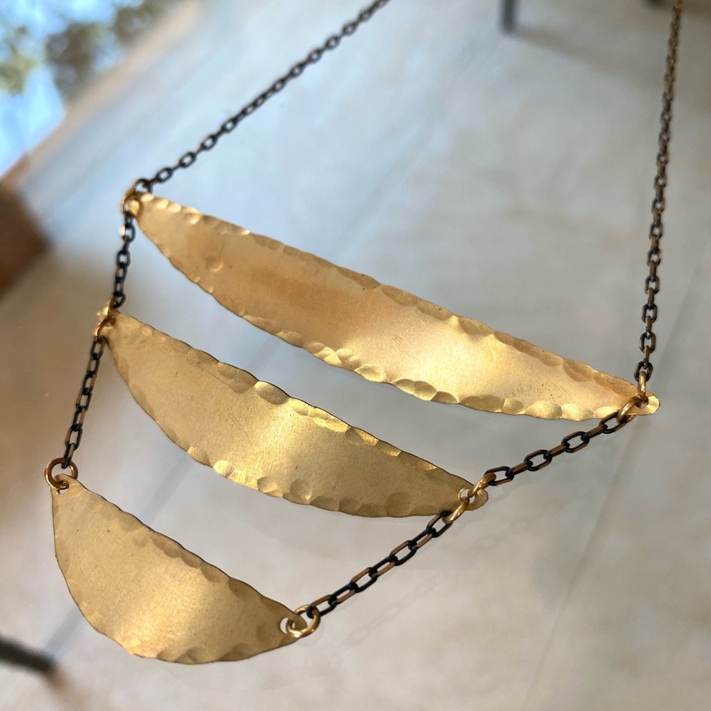 Three-Tier Hammered Gold Bar Two-Tone Chain Necklace, NWOT